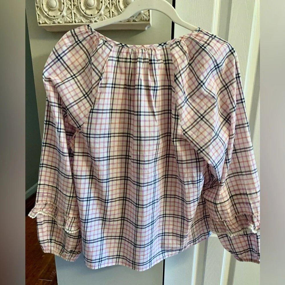 J. Crew Plaid Ruffle Trim Peasant Top Warm Ivory Rose - Size M